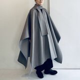 衿付きウールロングポンチョ(薄グレー×オフ白)