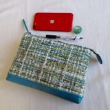 ツイードポーチ／青の皮革