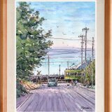 水彩画原画　鎌倉プリンスホテル前踏切と七里ガ浜の海　＃708