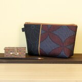 N-306大島紬切り替えポーチ/紺系大島×金茶ライン紺系大島