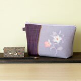 P-005正絹紬切り替えポーチ/紫紬×金茶ラインラベンダー紬