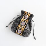 インド刺繍リボンのマチのある巾着ポーチ 　ビエラペイズリーグレー