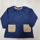 【80〜160】 リバティE ラセンビィコットン ネイビー 長袖スモック 首パイピング 着丈延長可