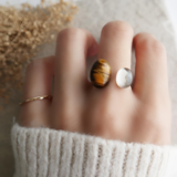 天然石イエロータイガーアイとスモーキークォーツのフォークリング　金アレ対応