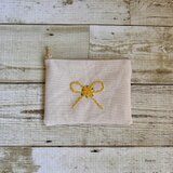 大人かわいい手刺繍ミモザリボンポーチ(ポケットティッシュサイズ) 国産帆布　コットンリネン　小物入れ　ギフト