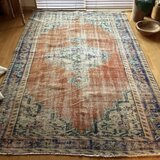 大判162×227 夕焼けオレンジ　擦れ　メダリオン　トルコヴィンテージラグ