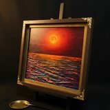 一点物 油絵 原画「朱色の満月と蒼き波」幻想的な風景画【インテリア】