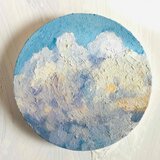 油彩 絵画 『空の雲』丸形アートパネル 直径15cmインテリア 絵画 原画