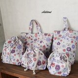 【sale】【北欧リネン】入園バッグ５点セット：花柄：パープル【0449】