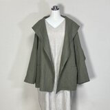 【厚手リネン】フード付きジャケット◆オリーブ◆フリーサイズ（ウィンターリネン、15番手リネン100％）