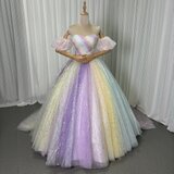 美品！カラードレス レインボー ベアトップ パフスリーブ シークインチュール プリンセスライン ミニトレーン 披露宴