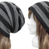 ルーズワッチキャップ◆ウールフランネル ボーダー柄ニット／ブラック×グレー　◇ゆったりサイズ・寒い季節におすすめ◇