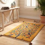 ペルシャ　ギャッベ 　玄関　ラグ　88x60cm　黄金色　生命の木　鳥　RJ15804
