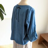 ♡後ろリボン♡暖かコーデュロイブラウス♡ターコイズブルー