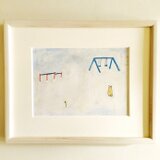 【猫のいる絵】原画「小さな春」イラスト・水彩・木製額縁入り