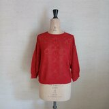 【2026♡新作】コットン混フラワー透かしプルオーバー（8分袖）ダークレッド