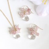桜色 天然石アクセサリーセット ピンクエピドート×クリスタルクォーツ ネックレス＆ピアス 14Kgf
