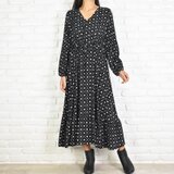 モノトーン花柄Vネック長袖ワンピース