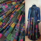 絵画なパッチワーク♥Dark green&Plum♥ボリュームティアードスカート♥マキシ丈