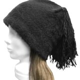 mixフリンジ付／ワッチキャップ◆甘織シャギーニット＆裏フリース／ブラック　◇ゆったりサイズ・寒い季節におすすめ◇
