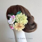 ライトグリンのダリアと桜の髪飾り　フラメンコ　フローレス　サクラ　さくら　黄色　黄緑　ピンク　髪飾り　ダンス　フォーマル　桜