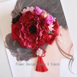 赤いピオニーとリボンのヘアクリップ　着物　髪飾り　和装　入学式　卒業式　袴　タッセル　チュール　七五三　振袖