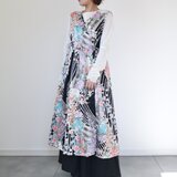 着物のノースリーブカシュクールワンピース（黒に花々・L）