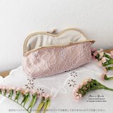 《ハートのシャンパンローズ》ピンク 花柄 レース がま口 コスメ メガネケース ポーチ