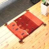 ペルシャ　ギャッベ　玄関マット小　ラグ　58x43cm　茜色　桃色　風景　夕焼け　魚　NN19858