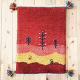 ペルシャ　ギャッベ　玄関マット小　ラグ　55x41cm　茜色　夕焼け　ヤギ　生命の木　NN19022