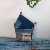 デニムパッチワーク本革持ち手の小物入れ