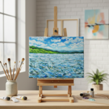 油絵 原画【蒼天と青い花】空と花畑の風景画 絵画 油彩画 インテリア 雑貨 アート 青 ブルー ナチュラル テイスト プレゼント