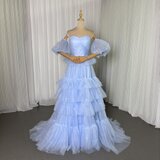 カラードレス ブルー ベアトップ 取り外し袖 チュールスカート スレンダーライン 編み上げ 演奏会/音楽会