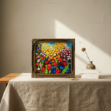 【原画】油絵「colorful flower garden」色紙/ 鮮やかな花畑の風景画 リビングや玄関に飾る花の絵 額縁あり