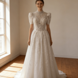 豪華！ウェディングドレス 韓国風ドレス 短袖 キラキラ光る刺繍 背中見せ ミニトレーン 結婚式