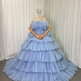 カラードレス ブルー ベアトップ プリーツスカート ハイウエスト 柔らかく重ねたチュールスカート 編み上げ 花嫁