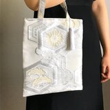 シルバー六角菊文様　A4サイズ　和装バッグ　帯リメイク　サブバッグ　フォーマルバッグ　トートバッグ