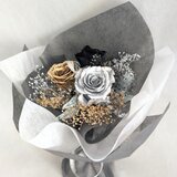 プリザーブドフラワー花束／金、銀、黒の3色の薔薇と小花の宝石の輝き
