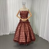 カラードレス ブラウン パーティードレス ベアトップ ソフトチュール 揺らめく裾 音楽会 編み上げ