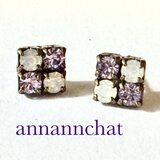 【オーストリア製　ビンテージ　swarovski 　ラベンダー　ホワイトオパール　スクエア　ピアス】