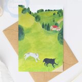 （73）２匹の犬がいる高原の風景のポストカード　3枚セット