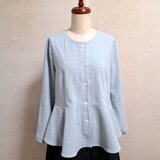 コットンリネン　ペプラムジャケット　ライトブルー　ノーカラージャケット　綿麻　水色　Lサイズ