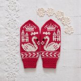 白鳥柄のミトン〜ルビーレッドXオフホワイト～スワンレイク