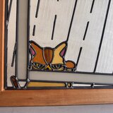 mischievous cat 雨の訪問者いたずら猫　ステンドグラス　木製フレーム