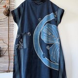 古布リメイク　家紋＋縞木綿のロールカラー　AラインBigワンピース　襤褸　刺し子　古布　着物リメイク　