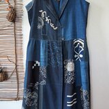 古布リメイク　飾りフードのフレンチ袖 ロング ジレ　藍染　刺し子　襤褸　ゆったりサイズ　着物リメイク　古布　boro