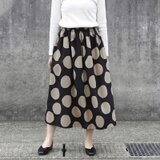 ★新作 コットンリネン・バブルドット ギャザースカート（ ブラック × ダークアイボリー ）リネン 麻 綿 ロング ポケット