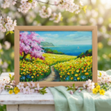 春の油彩画「希望の花咲く春の日」油絵・一点物・原画