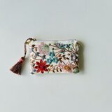 春色　花刺繍＋ビーズ刺繍　ミニポーチ　(裏地黄色)　