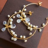 レインボームーンストーンと淡水パールのフープピアス 天然石 × ワイヤーラッピング　14Kgf